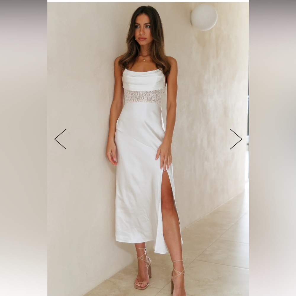 SIPPING WATERFALLS SATIN MIDI DRESS WHITE